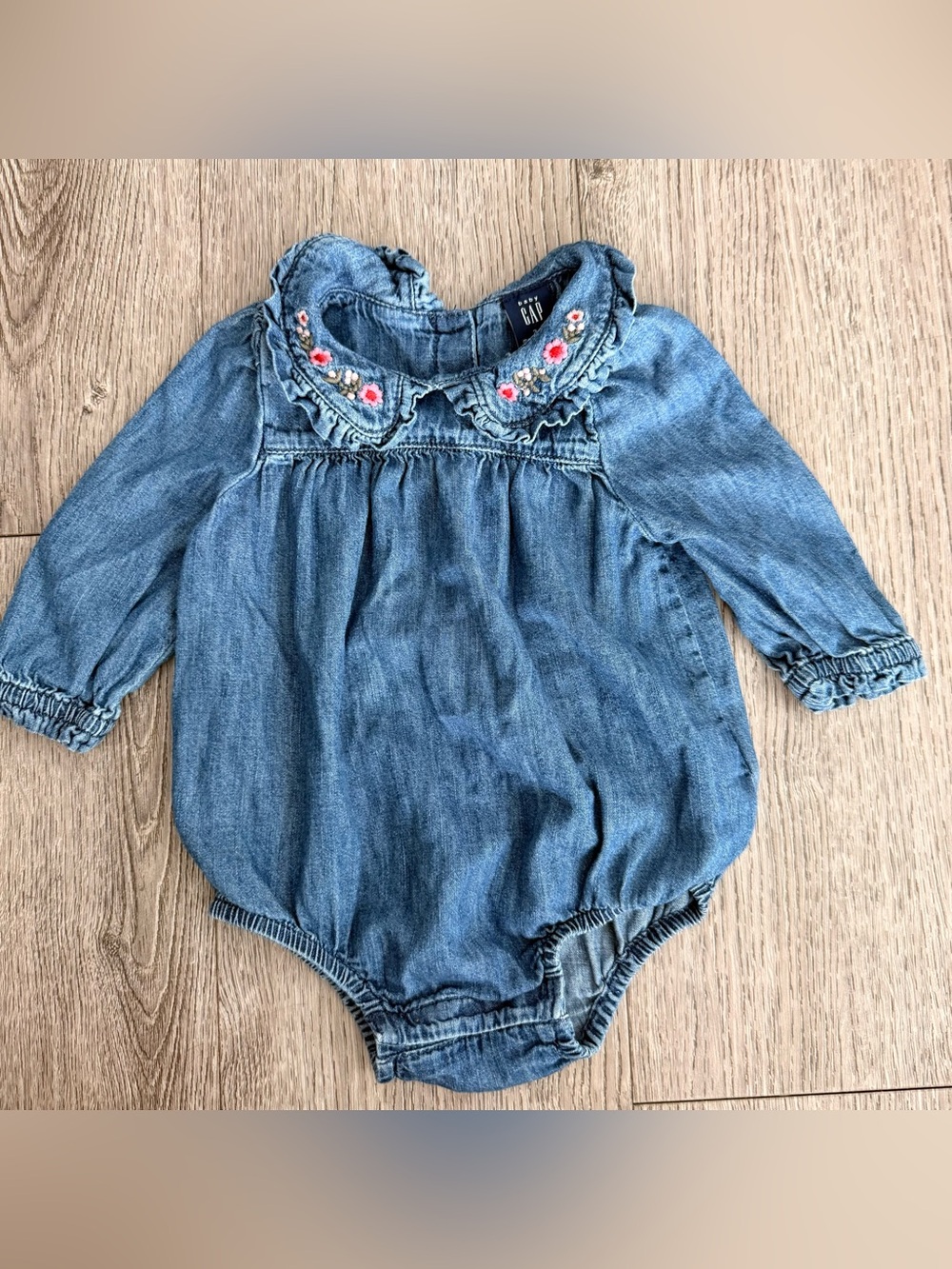 Gap Baby Denim Ruffle Collar Bubble Bodysuit